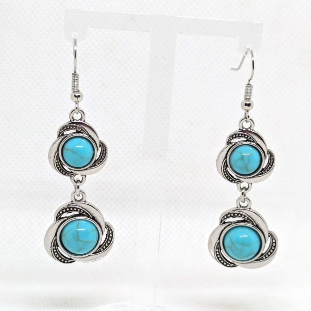 NEW Silvertone Dangle Earrings Faux Turquoise Casual Bohemian Boho Gypsy Fashion